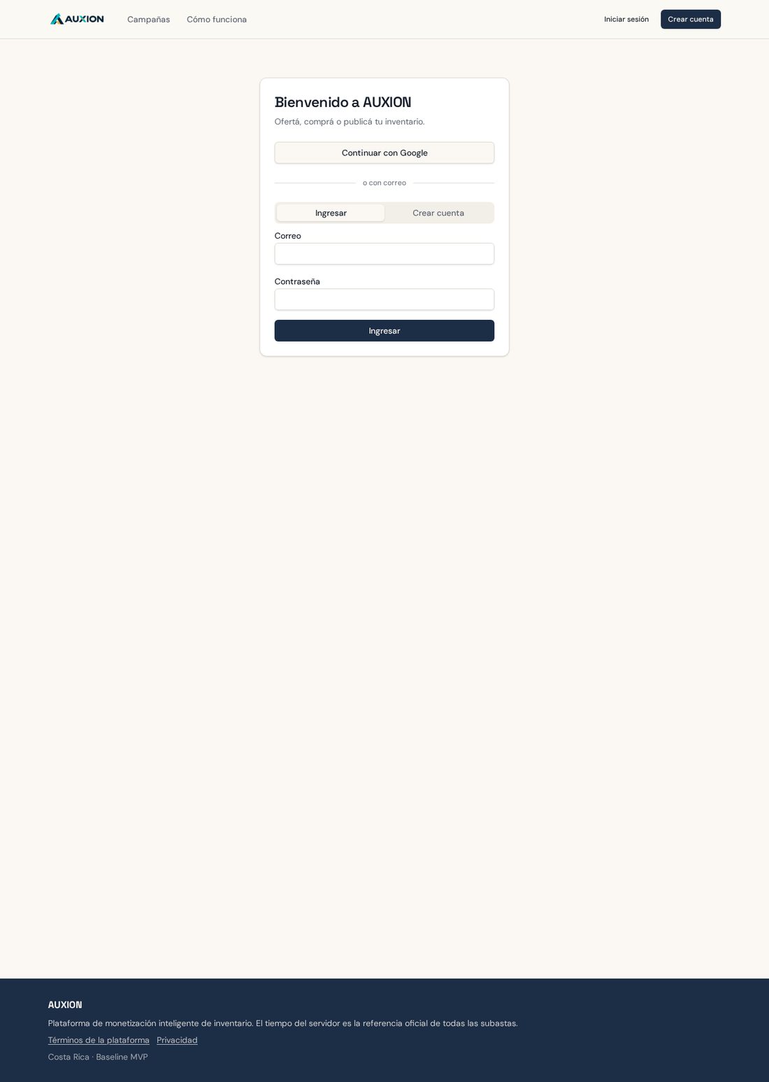 Pantalla de ingreso: con Google o con correo.